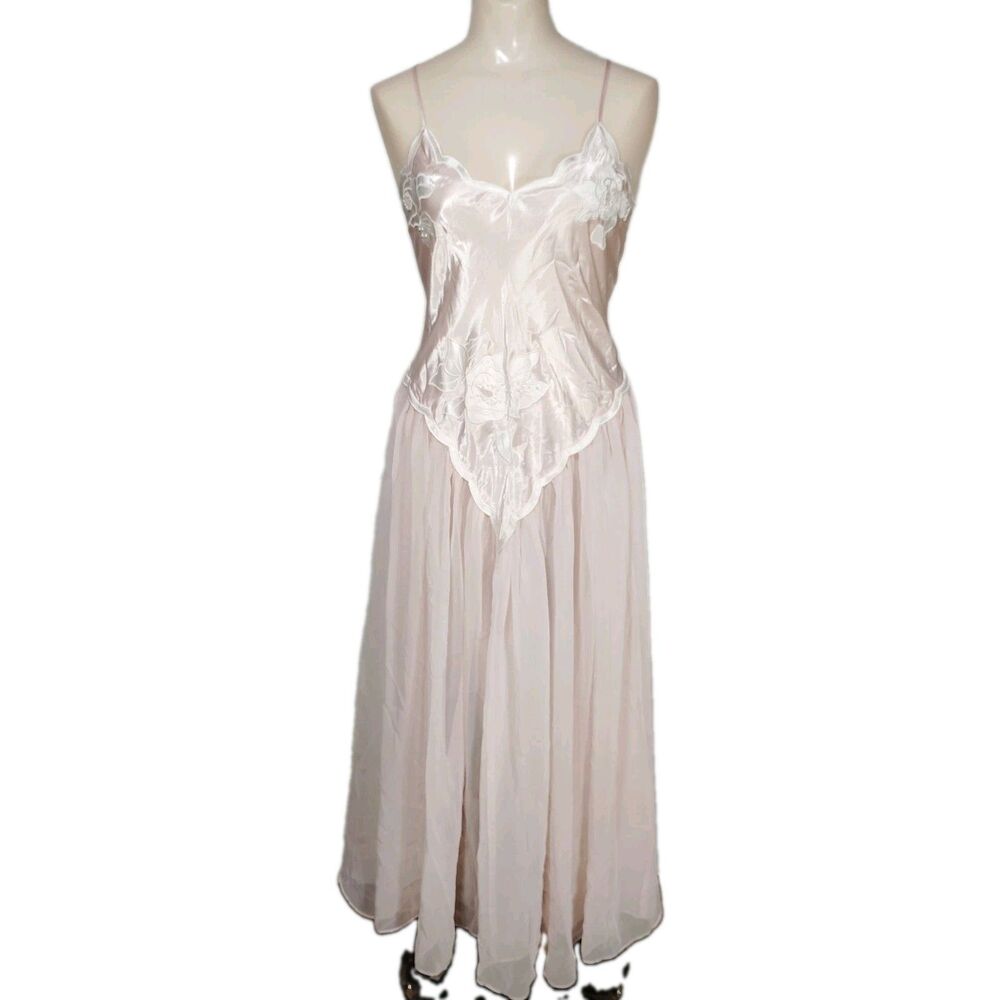 NEW Vintage 80s Victorias Secret Pink Nightgown Pearls Satin Chiffon L Romantic
